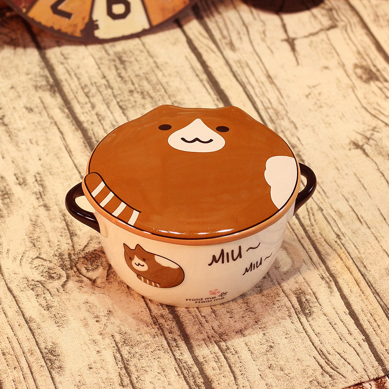Color: Brown - Kawaii Japanese Cat Bowl High Capacity Spoon with Lid Ceramics Instant Noodle Bowl Young Girl Dorm Room Student Office Bowls Mug