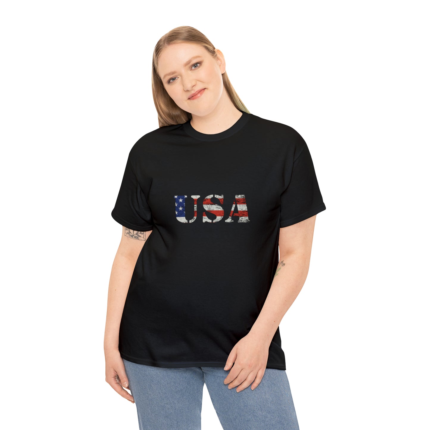 USA Shirt with Distressed American Flag Vintage Lettering Unisex Heavy Cotton Tee