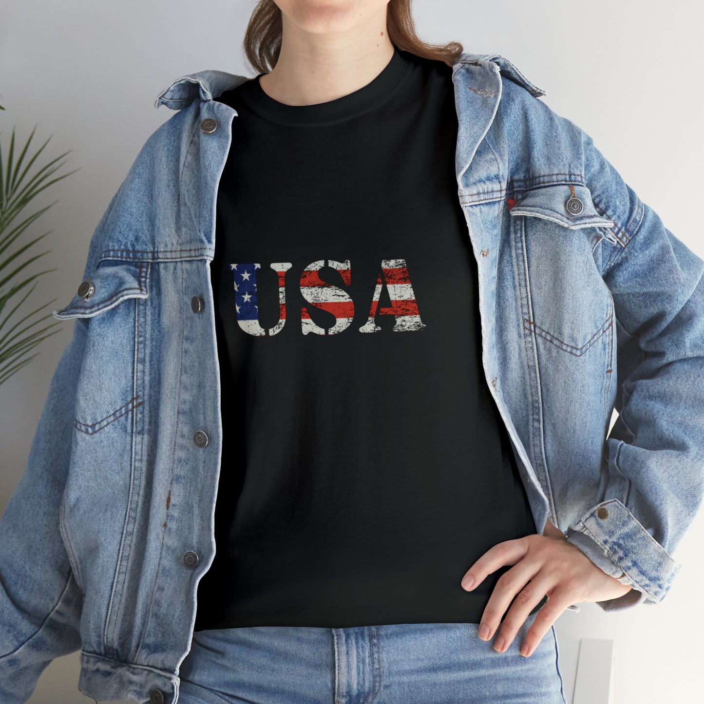 USA Shirt with Distressed American Flag Vintage Lettering Unisex Heavy Cotton Tee