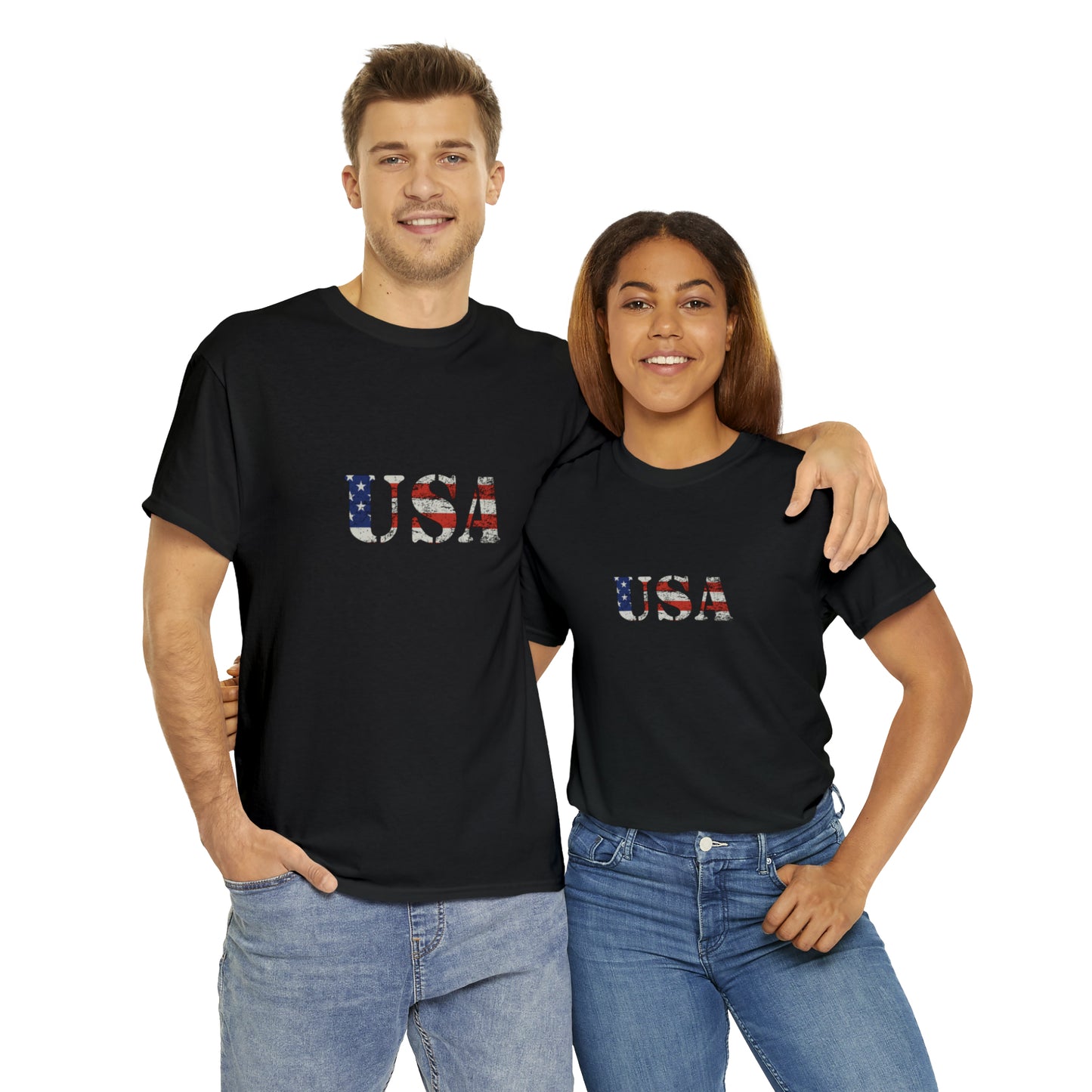 USA Shirt with Distressed American Flag Vintage Lettering Unisex Heavy Cotton Tee