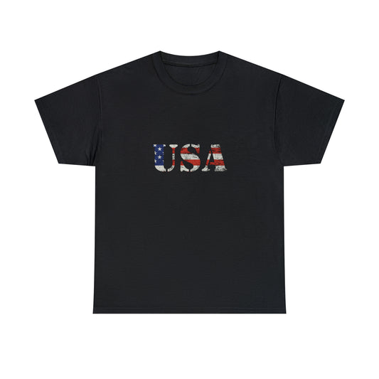 USA Shirt with Distressed American Flag Vintage Lettering Unisex Heavy Cotton Tee