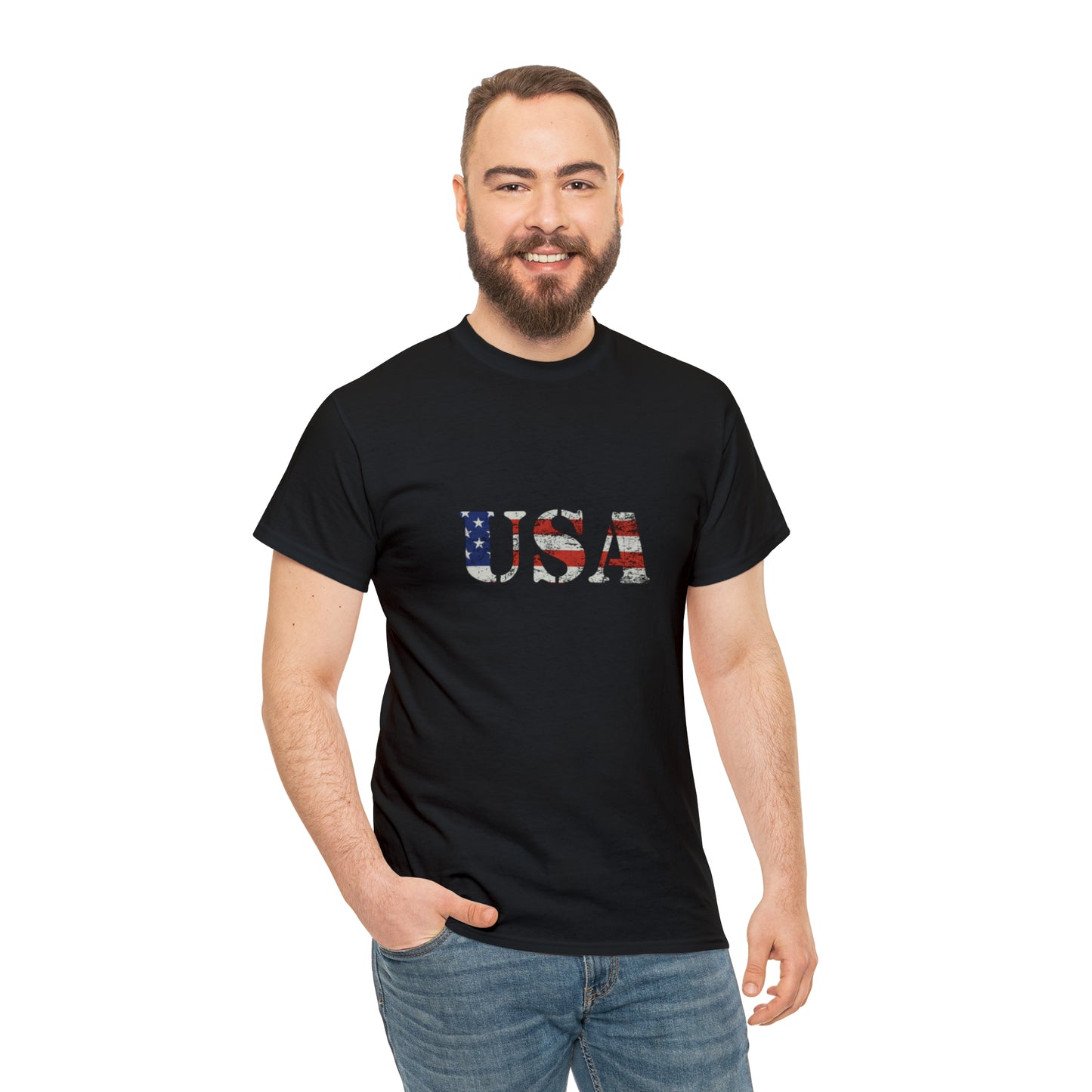 USA Shirt with Distressed American Flag Vintage Lettering Unisex Heavy Cotton Tee