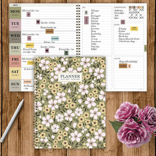 TF Publishing - Paper Goods - Academic Year July 2022 - June 2023 Field of Flowers Large Daily Weekly Monthly Planner